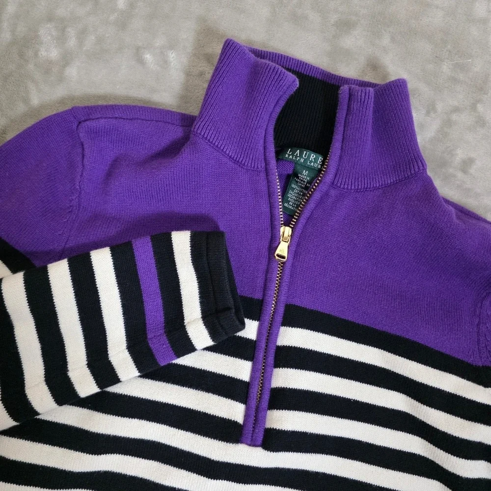 Lauren Ralph Lauren Quarter Zip Sweater Women Medium‎ Purple Striped Nautical